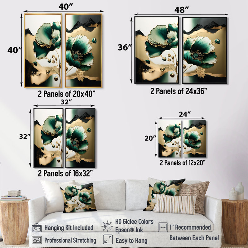 Or et vert coquelicot floral Euphoria I - art mural traditionnel, 36" H x 48" W, Impression encadrée flottante, Brown