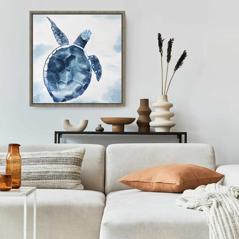 Décoration de salle de bain exotique | «Blue Turtle», art mural sur toile encadrée