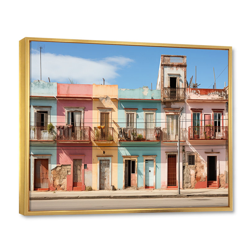 "Colorful Cuba Facades II", reproduction d'art sur toile, 16" H x 32" W, Cadre flottant doré