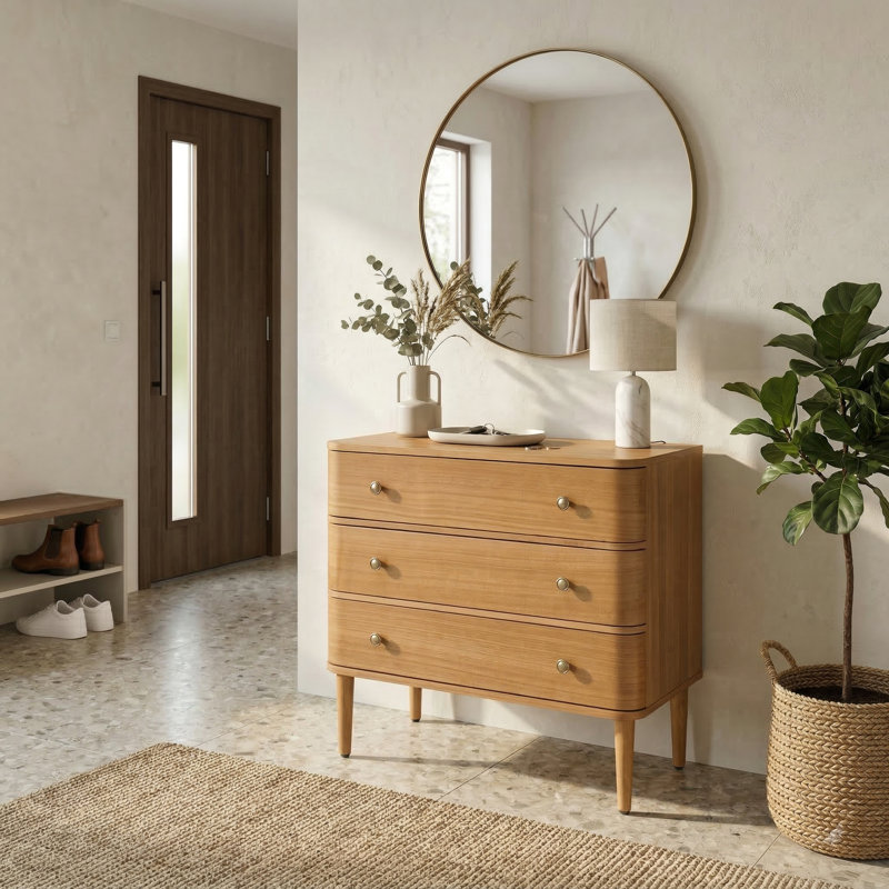 Cridford Modern 26"W 3-Drawer End Table and Curved Body with Solid Wood Legs Built-in Outlet, Oak