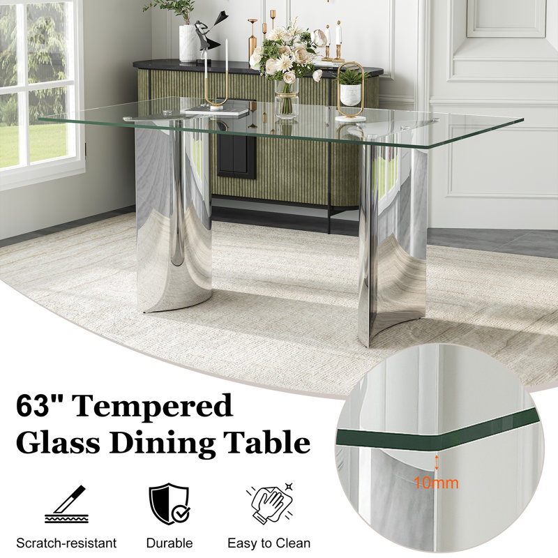 Modern Glass Dining Table Set, 63" Tempered Glass Top With PU Leather Upholstered Cantilever Chairs And Backrest Pull Ring