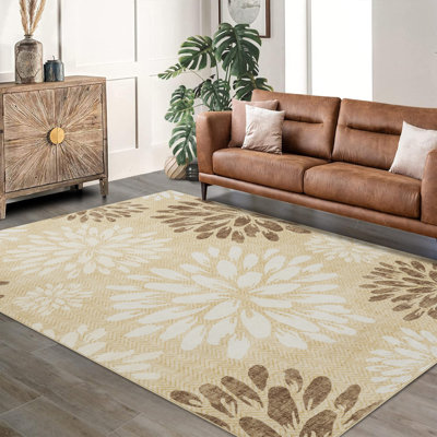 Tapis floral lavable Boho - tapis antidérapant, résistant aux marques et à poils courts pour le salon et la chambre à coucher, 9 x 12 pi - brun clair