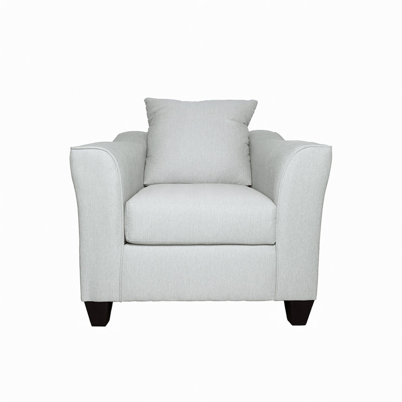 Fauteuil d'appoint Siya, tissu gris, accoudoirs sur rail, coussins décoratifs, coussins en mousse