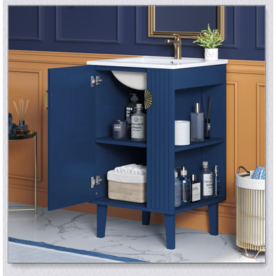 Meuble-lavabo de 20 po de style français avec lavabo en céramique, porte à fermeture douce et poignées en demi-lune élégantes pour un rangement élégant