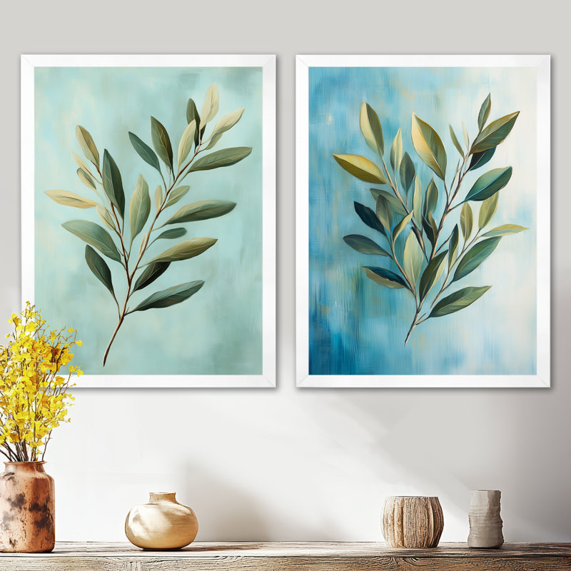 Feuilles ensoleillées sur fond bleu - Ensemble de 2 décorations murales de feuilles, 32" H x 48" W, White Picture Framed