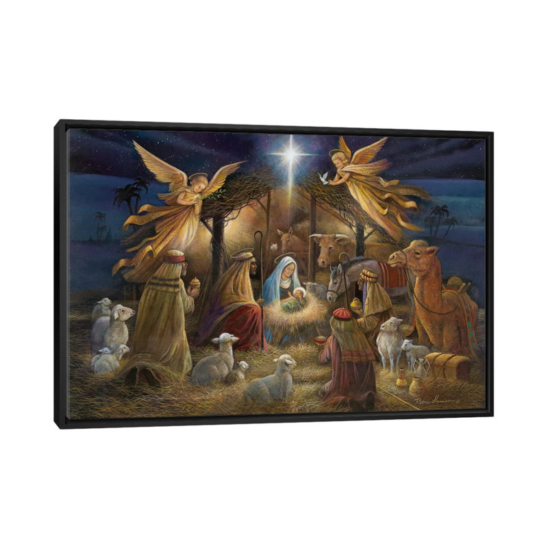" Nativity " by Ruane Manning, 18" H x 26" W x 1.5" D, Black Floater Framed Canvas, No Mat