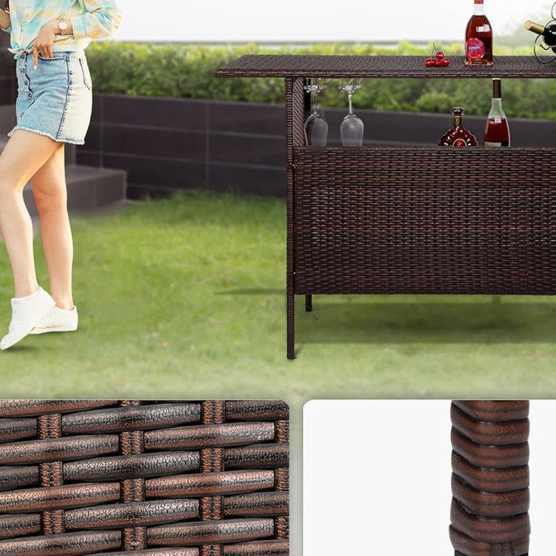 Modern Outdoor Wicker Bar Counter Table with Steel Shelves - Brown