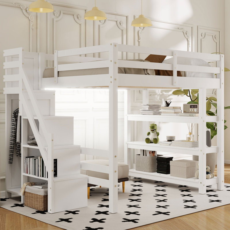 Lit mezzanine avec rangement pour lumières DEL, Lit double