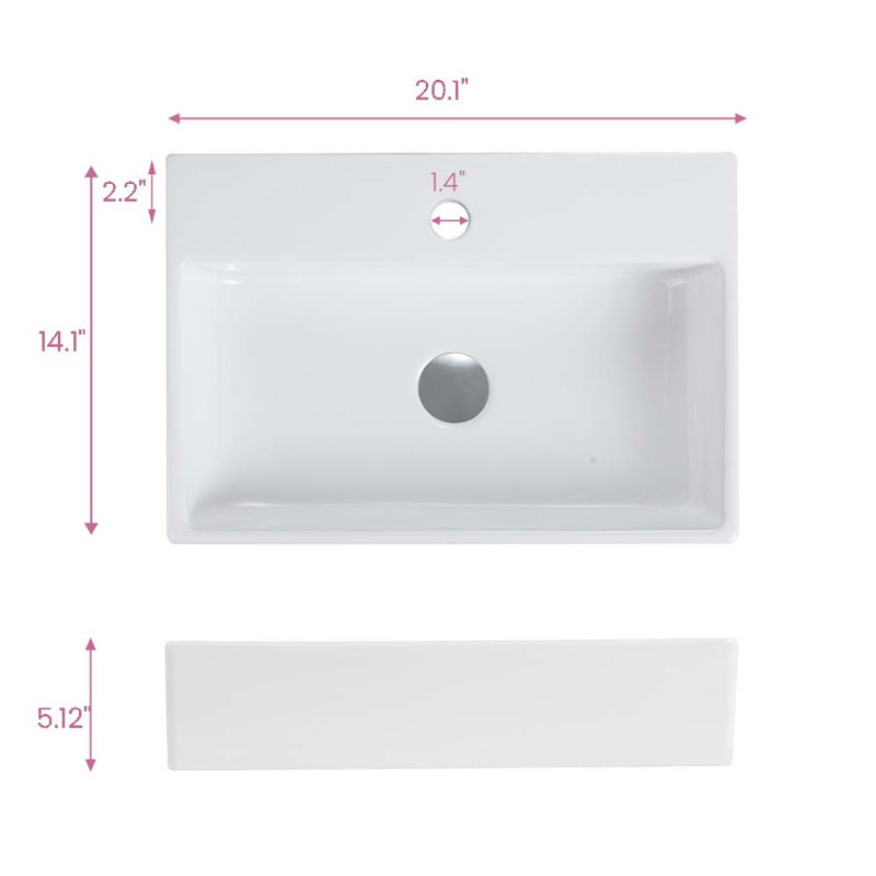 20 Inch Rectangular Drop-In Bathroom Sink, White Glossy Ceramic Vanity Sink with Overflow, Modern Design for Bathroom Vanity, Easy to Clean, Faucet Not Included