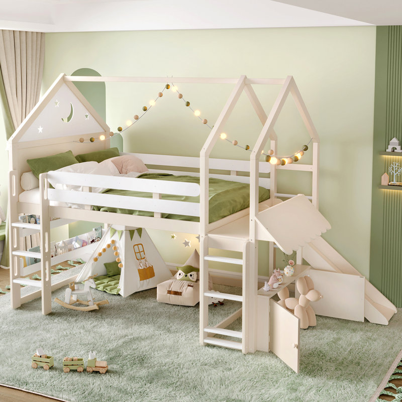 Full Size Loft Bed With Bookshelf Playful Design For Kids House-Shaped Structure With Slide High-Quality Safety Rails, Beige