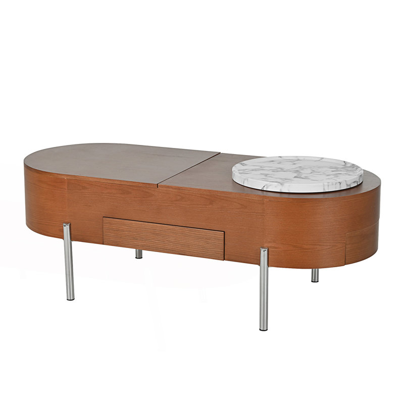 Table basse à plateau relevable avec plateau tournant en marbre à 360 degrés, table de salon, Brun