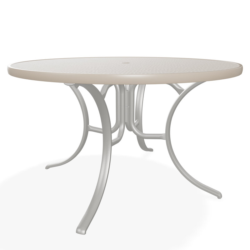 48" Round Hammered Marine Grade Polymer Outdoor Dining Table with Umbrella Hole, Brown/Snow