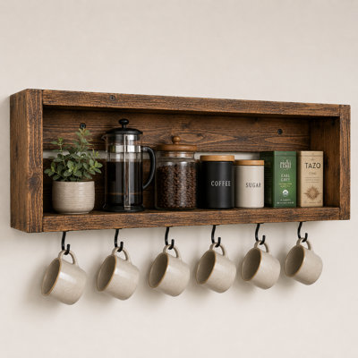 Rustic Mug Holder with Storage Hooks Coffee/Tea Bar Wall Organizer