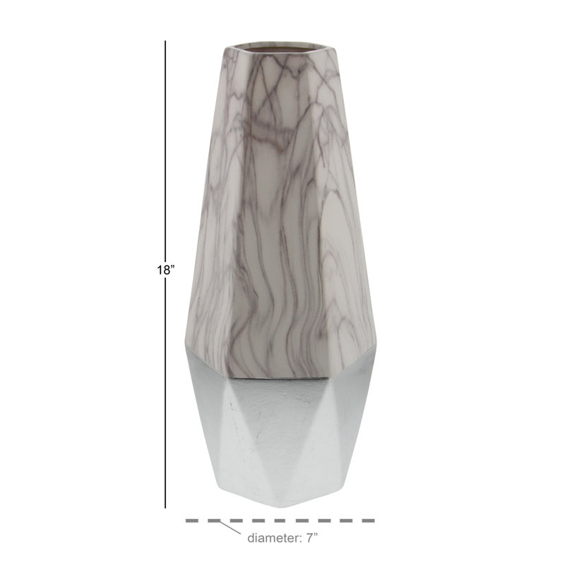 18" Gray and White Faux Marble Ceramic Decorative Vase with Silver Base
