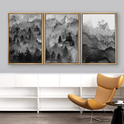 «Woodland Forest Landscape Dark Mountain Forest», peinture sur toile 3 pièces