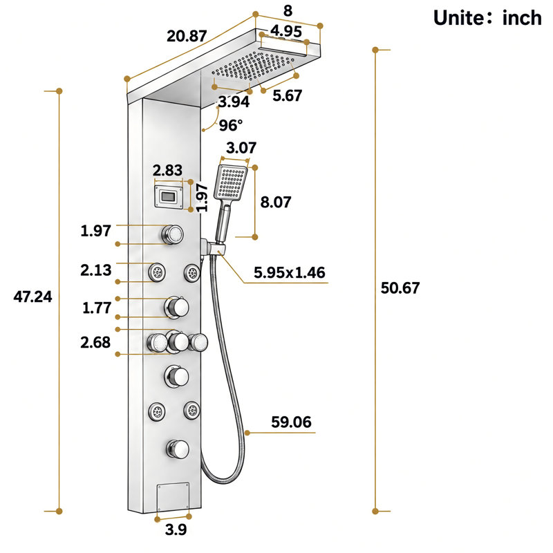 Colonne de douche de 132 cm (52 ​​pouces), inverseur 6 voies en acier inoxydable avec pommeau de douche effet pluie, jets de massage corporel, douchette et indicateur de température numérique