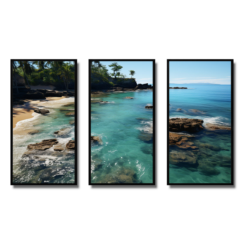 Aérien, corail, paradis, plages tropicales dévoilées II - art mural plage, Cadre flottant noir, H 32 po x l 48 po x P 1 po