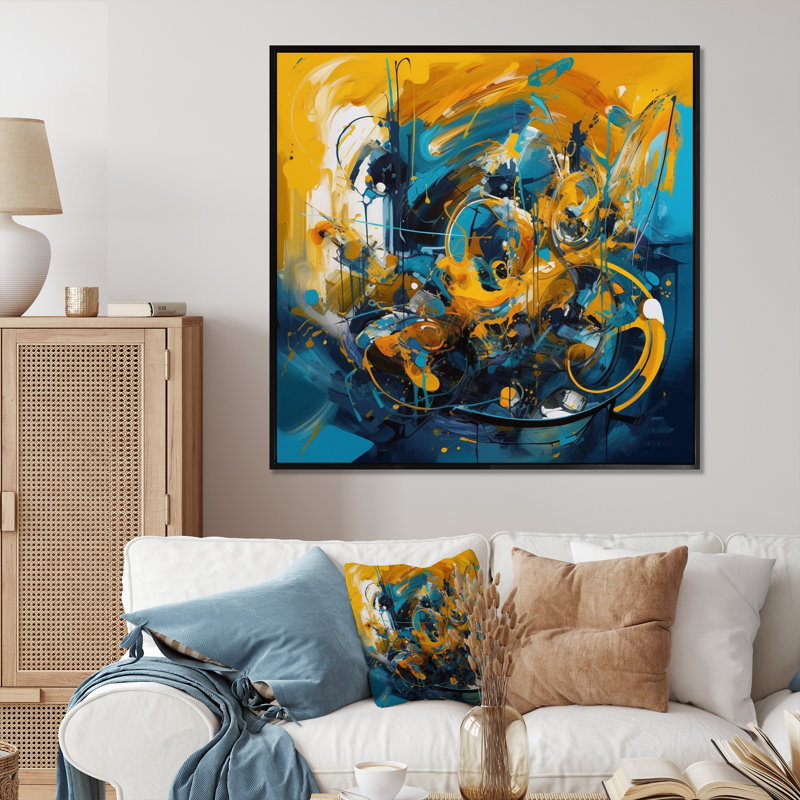 Nikifor, pierre fluide bleue et jaune IV sur toile, Cadre photo noir, H 16 po x l 16 po x P 1 po
