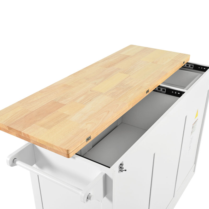 Îlot de cuisine blanc avec bureau pliable et options de rangement, porte-serviettes, tiroir, tablette coulissante, roulettes de taille moyenne