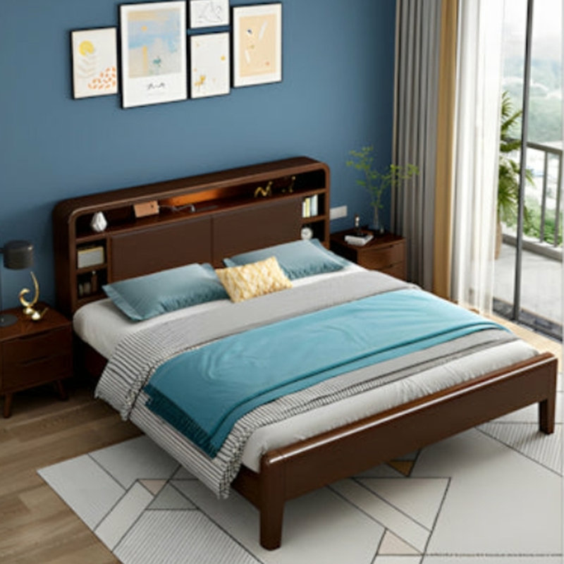 Solid Wood Bedroom Queen Bed with Storage Headboard