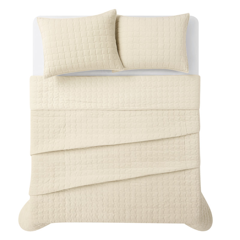 Brooklyn Loom Matte Cotton Velvet Wavy Square Stitch Quilt Set, Off-White, Queen Quilt + 2 Queen Shams