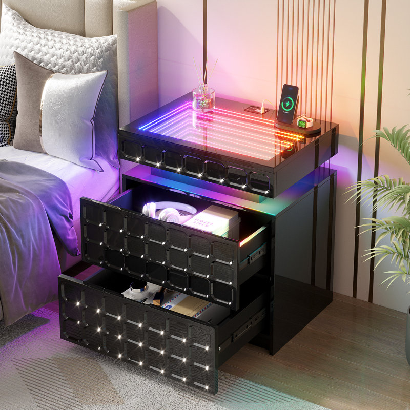 Ashten 19.7'' W Nightstand With 3D Mirror Abyss & Rgb Lighting, 2-Drawer Bedside Table With Hidden Storage And Human Sensor Light