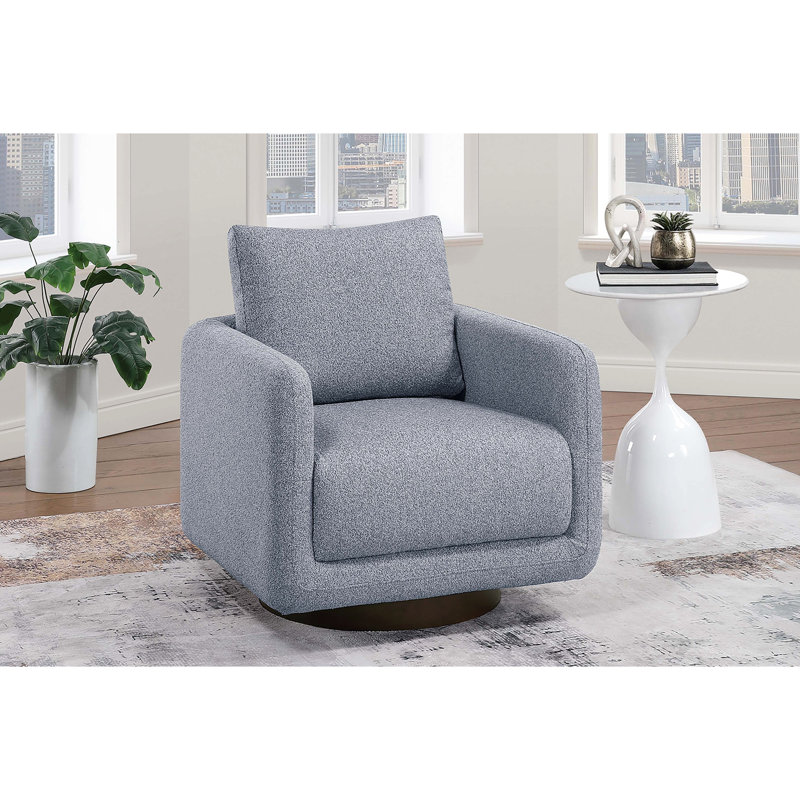 Chaise d'appoint pivotante moderne en tissu gris avec siège rembourré et base en bois pour le salon, avec pivot à 360 degrés, conception à profil bas, coussin de dossier rembourré et quincaillerie de soutien