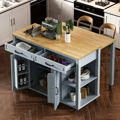 Îlot de cuisine de 47 po avec table de salle à manger extensible, table de cuisine en placage de bois d'hévéa avec support de rangement interne, prise de courant, îlot de cuisine avec rangement 2 tiroirs et 2 armoires