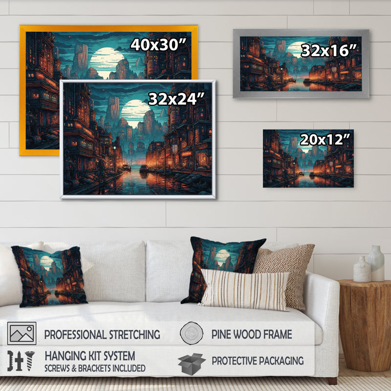 «Blue and Orange Metropolis Deco I», reproduction d'art sur toile, H 24 po x l 32 po x P 1 po, Toile tendue