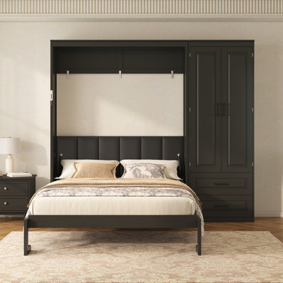 Queen Size Murphy Bed with Storage Wardrobe and Drawers,Upholstered Headboard,Black