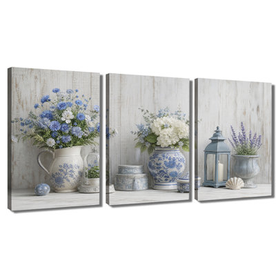 Impression sur toile, peinture à l'huile sur toile, tableau blanc, bleu, floral, table, décoration, art mural rétro pour le salon
