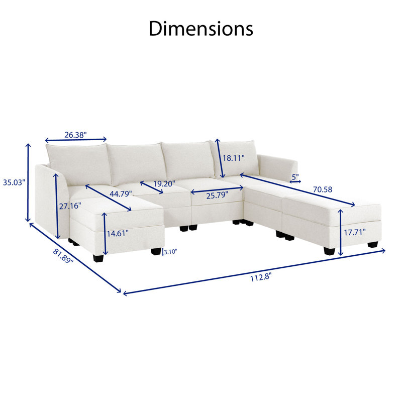 Ziniyah Convertible 4 Seater U-Shaped Modular Linen Sofa Sectional with 3 Ottoman for Living Room, White Down 100% Linen