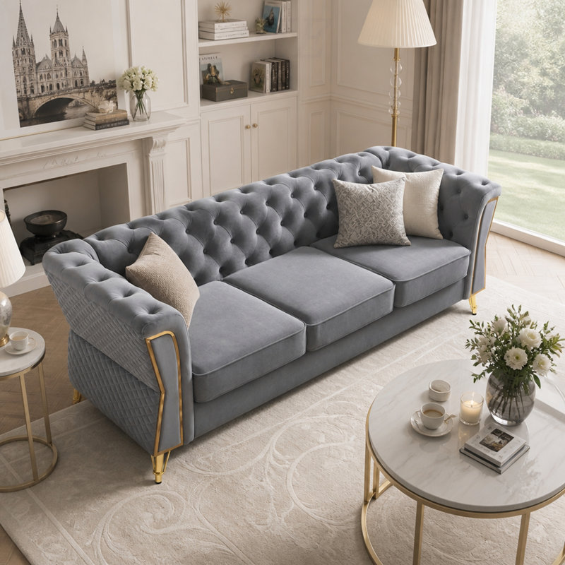 Canapé moderne en velours capitonné de 87,4 pouces pour salon, Velours gris clair