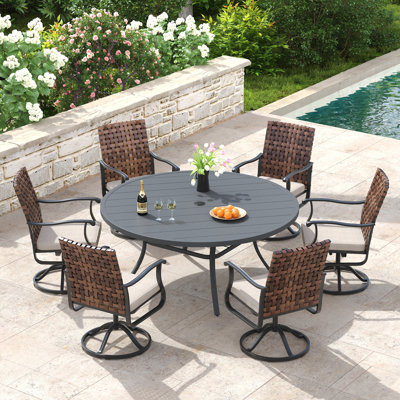 6-Person Round Outdoor Dining Set with 53" Dining Table and 6 Swivel PE Rattan Chairs & Cushions