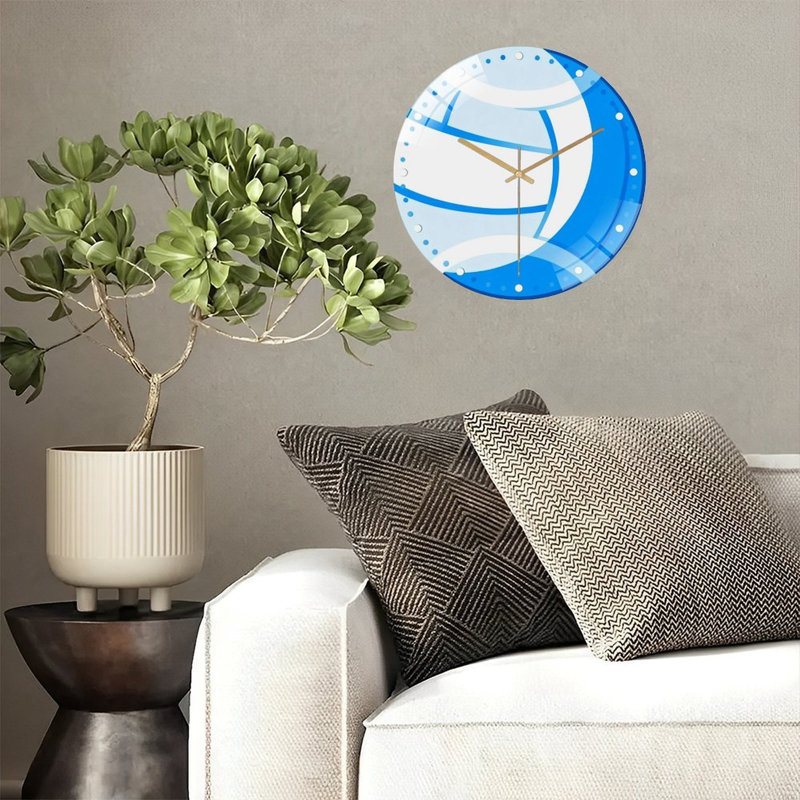 Horloge murale 12 po ronde en verre trempé avec mouvement à quartz silencieux, Volleyball