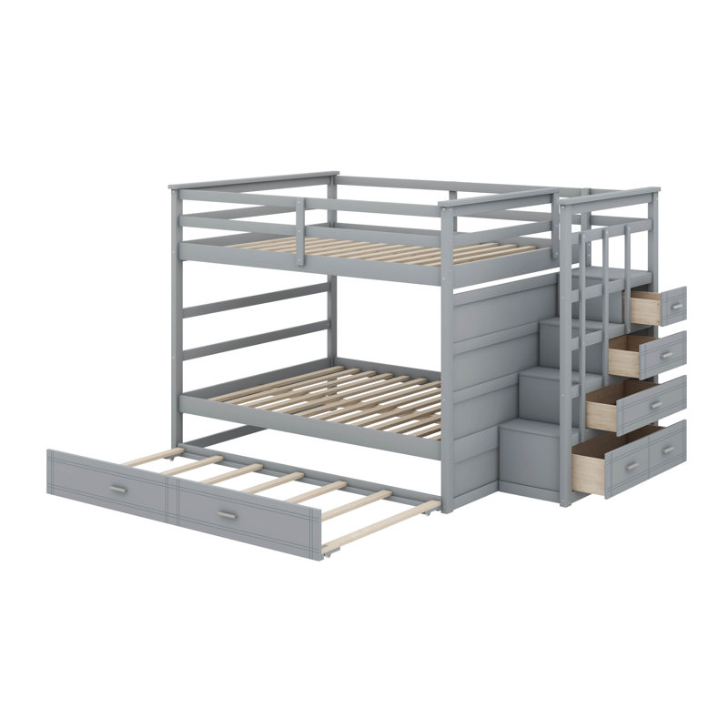 A Full-Over-Full Bunk Bed Accompanied By A Twin-Sized Trundle And A Staircase, Gray
