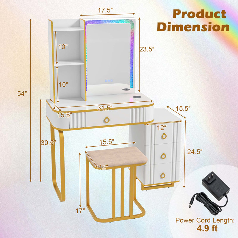 Mercer41 Vanity Table Set With Rgb Led Lights Crystal Crush Diamond Mirror Drawers White