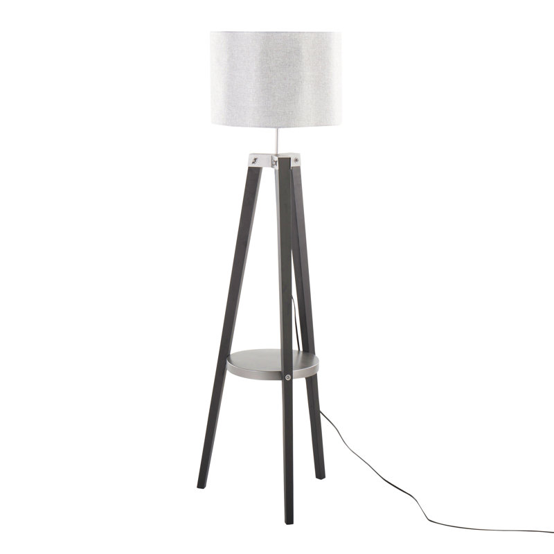 Lampe sur pied moderne avec tablette en bois Compass Mid-Century, Noir, Blanc