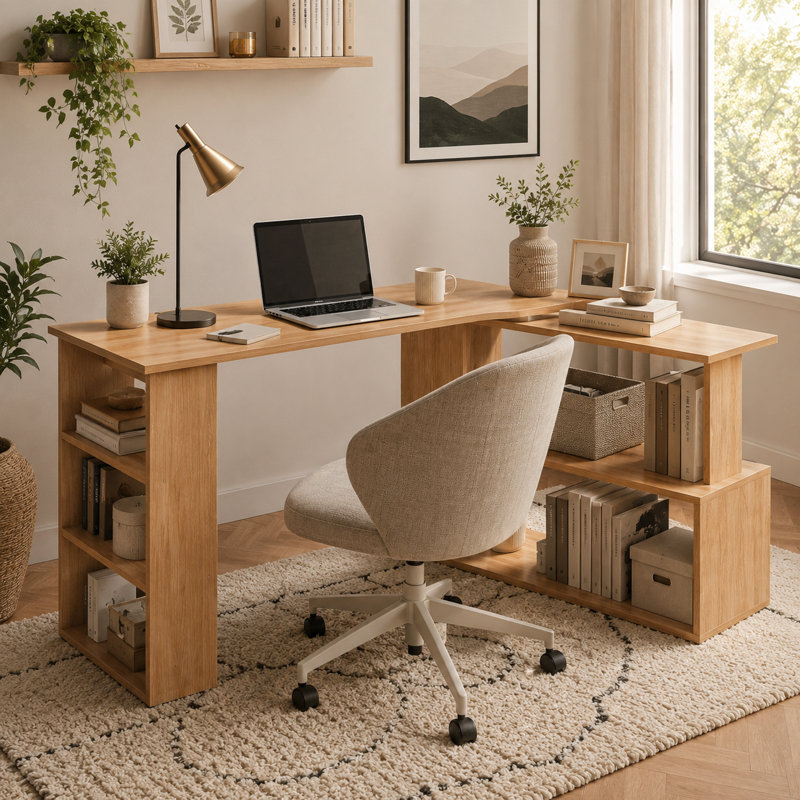 Bureau d'angle en érable rotatif à 360 degrés en forme de L avec tablettes de rangement - un bureau d'ordinateur / bureau d'écriture.