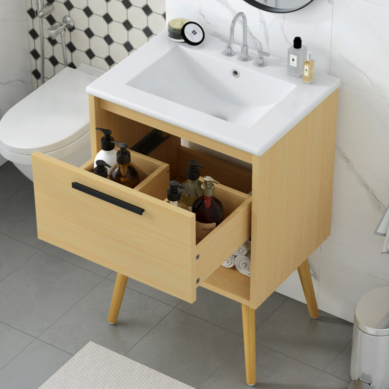 Meuble-lavabo 24 po avec lavabo, armoire de salle de bain multifonctionnelle avec tiroir, panneau de fibres à densité moyenne, naturel