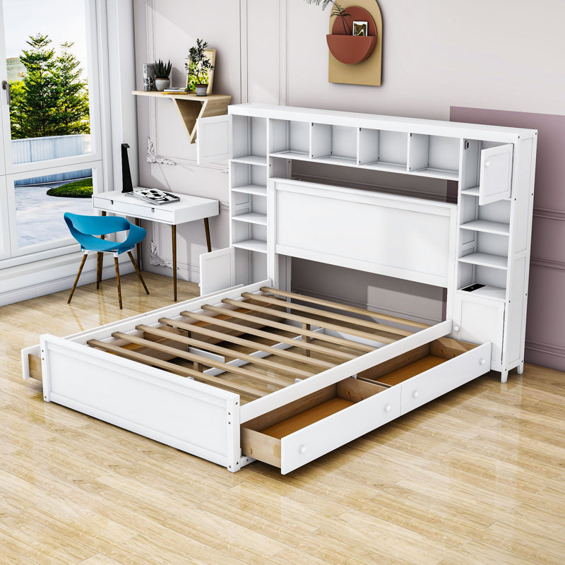 Grand lit plateforme en bois avec 4 tiroirs et tête de lit, Blanc