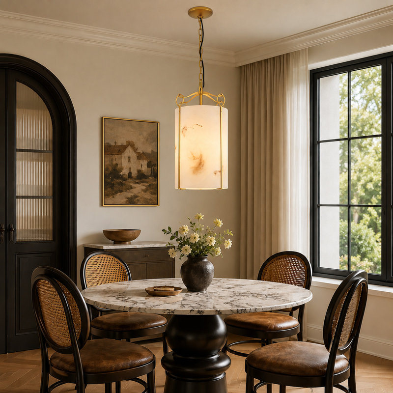 Luminaire suspendu pour îlot de cuisine 1 lumière avec abat-jour faux albâtre, Doré