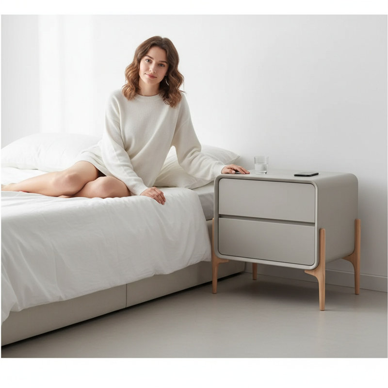 Table de chevet multifonctionnelle avec plateau spacieux et double tiroir, Gris