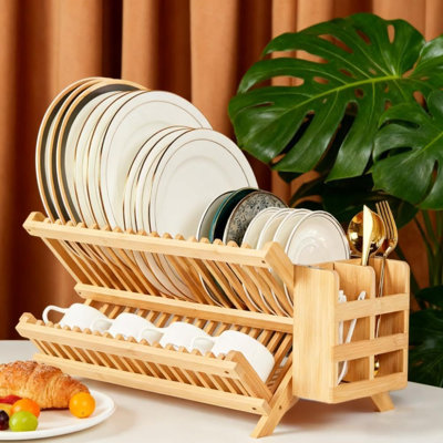 Égouttoir à vaisselle pliable en bambou à 2 niveaux pour égouttoir de cuisine en bois avec un design pliable et peu encombrant pour la vaisselle, les assiettes et les tasses