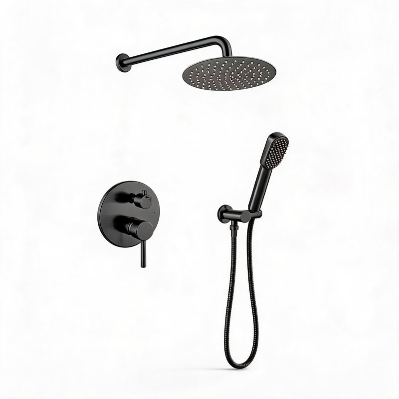 Système de pomme de douche à pluie murale en laiton noir mat et acier inoxydable avec douchette à main et soupape d'équilibrage de pression
