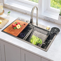 Lefton 304 Stainless Steel Waterfall Kitchen Sink Set with Temperature  Display, Grey, KS2205