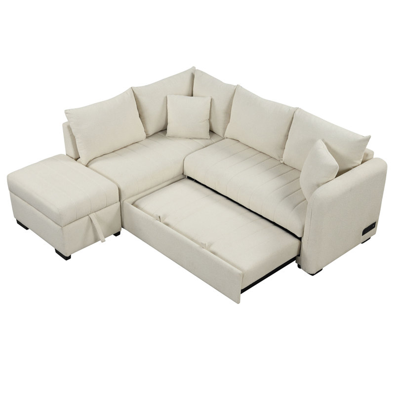82.6" L-Shaped Sectional Pull Out Sofa Bed Sleeper Sofa With Two USB Ports, Beige Polyester