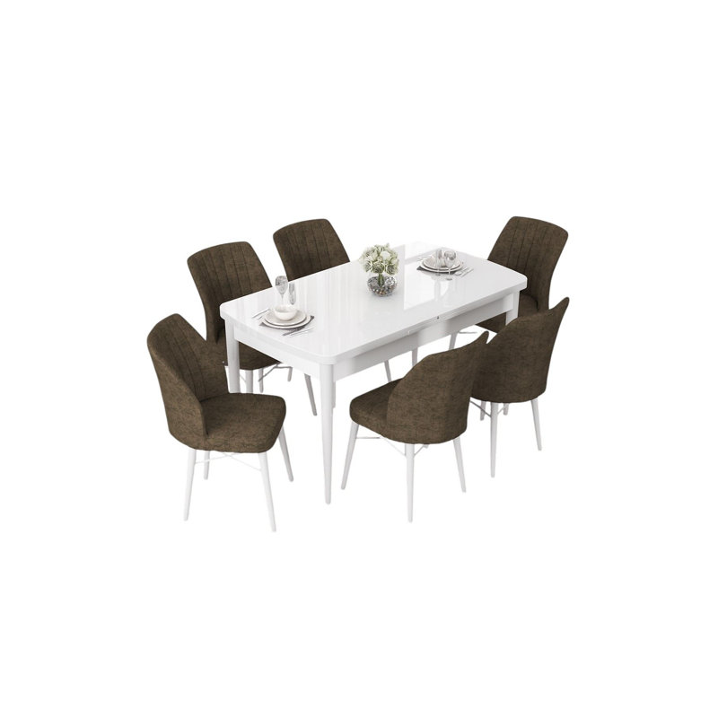 Ensemble de table et chaises de salle à manger extensible Modern (7 pièces), blanc et brun, table: 44,9 po x 30,7 po x 27,6 po (ouvert: 56,7 po) | 100% panneau de fibres à densité moyenne avec pieds en bois, structure de chaise en métal, tissu Jerry pelucheux, parfait pour les réunions de famille