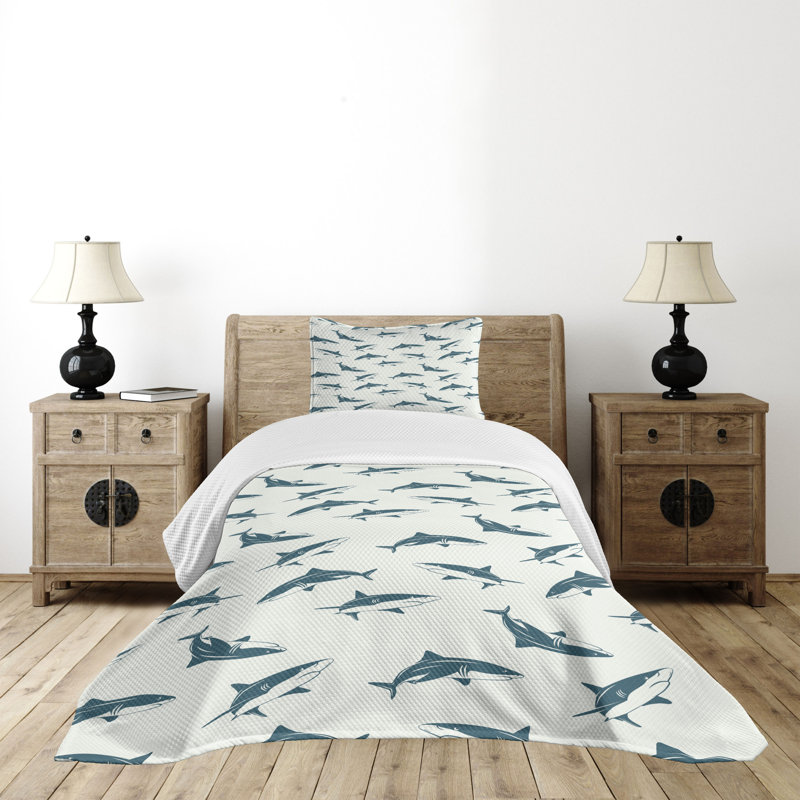 Twin Blue Quilted Shark Bedspread Set with Pillow Sham