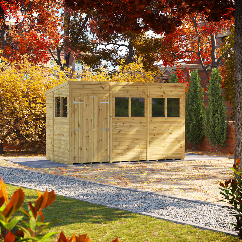 Powersheds 10 x 6ft Premium Pressure Treated Timber Pent Garden Shed, Double Doors